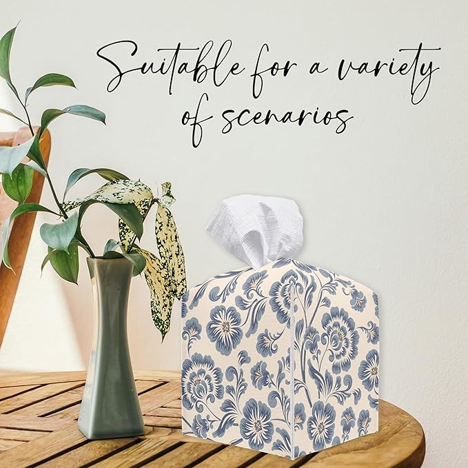 Vintage Blue Flowers Square Tissue Box Holder Cover, Floral Tissue Cube Box Organizer for Bathroom, Living Room, Office, Countertop, Car, Night Stands, Modern Home Desk Tabletop Decor - A08