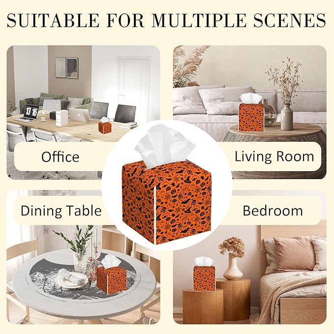 POIUBLE Halloween Pumpkins and Bats Tissue Box Cover Skulls Spiders Ghosts Leather Tissue Box Holder Square Facial Paper Organizer Dispenser for Bathroom Kitchen Bedroom Vanity Countertop Night Stands