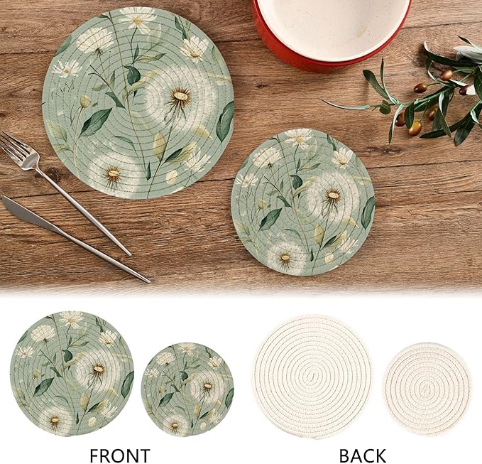 Sage Green Dandelions Trivets for Hot Dishes Pots and Pans Potholders Woven Trivet Cotton Round Large Pot Holder Decor Heat Resistant Hot Pads Mat for Table Counter Cooking Potholder Set of 2 (