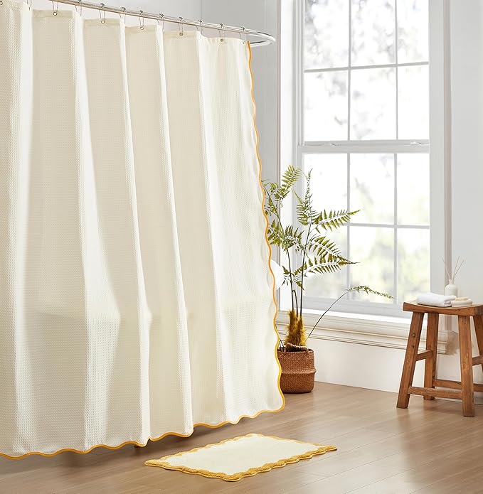 MONDAY MOOSE Scalloped Waffle Weave Shower Curtain with Rustproof Metal Grommet Holes for Bathroom, Machine Washable, Hooks Included (72x72 inch, Mustard/Cream)