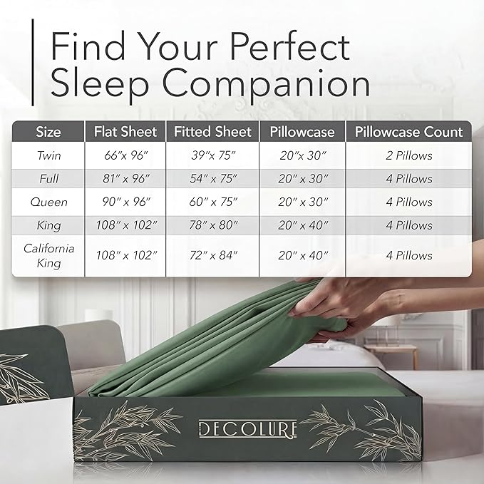 DECOLURE 100% Viscose Derived from Bamboo Sheets California King Size - Luxury 6 Pc Naturally Cooling Sheets, Ultra Soft Bed Set - Deep 17" Pockets, Double Stitching, Oeko Tex Standard (Sage Green)