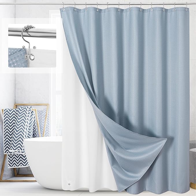Craidlela 3 in 1 Extra Long Blue Shower Curtain Set-72 W x 84 H, Fog Blue Waffle and PEVA Liner Set with 12 Stainless Steel Hooks, Waterproof Fabric for Bathroom