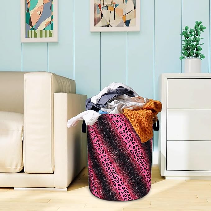 Pink Leopard Print Laundry Basket Cheetah Oxford Cloth Laundry Hamper With Handle Foldable Portable Clothes Storage Basket 18.9 X 16.5 Inch Storage Bag For Laundry Room/Bathroom/Bedroom/Dormitories