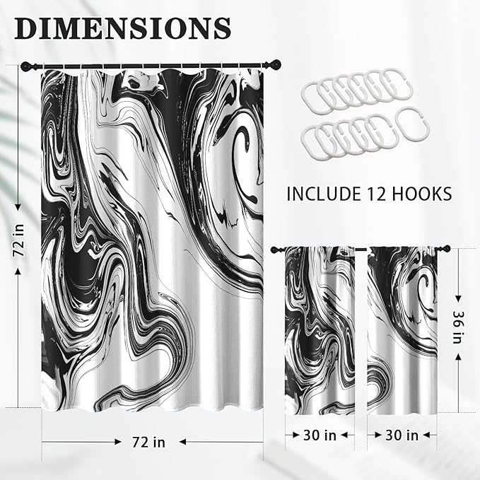 Culudea Marble Vintage Retro Shower Curtain Set, Aqua Gray Abstract Bathroom Window Waffle Cloth Waterproof Shower Curtain Set for Bathroom Decor
