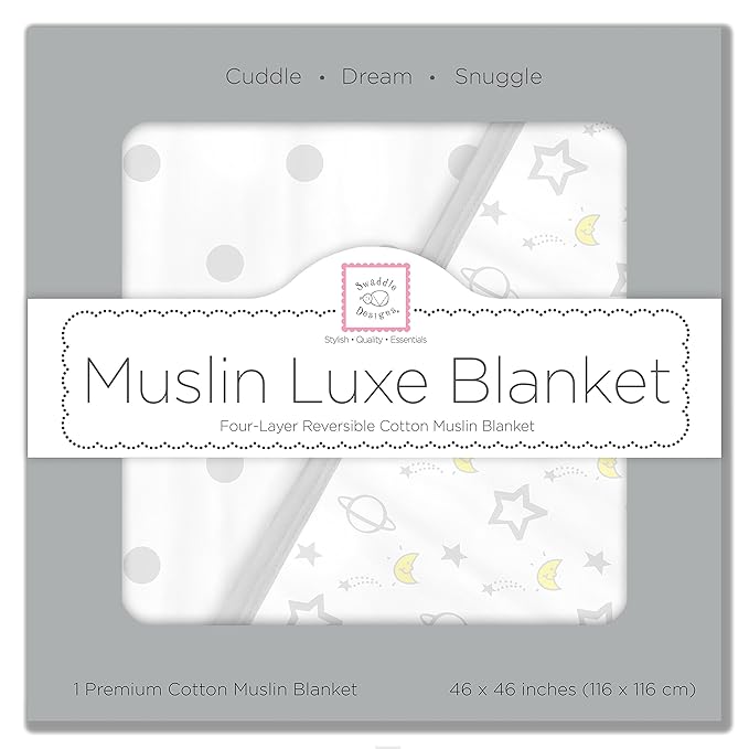 SwaddleDesigns 4-Layer Cotton Muslin Luxe Blanket, Baby and Toddler Cuddle and Dream, 46x46 inches, Sterling Goodnight and Dots