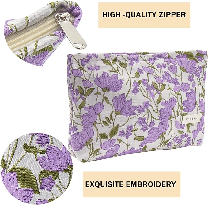 getgto 2 Pcs Makeup Bags, Large Cosmetic Bag Travel Toiletry Bag Organizer for Women, Embroidery Craft, Floral Makeup Bag Small Cosmetic Pouch Purse with Zipper Gifts for Girls Teen