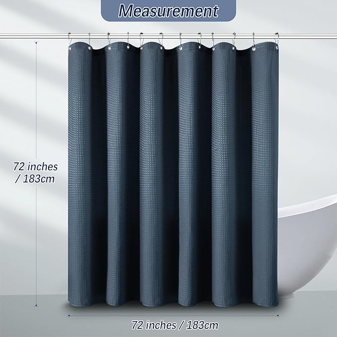 PANGSINNE Blue Shower Curtain 256GSM Waffle Shower Curtain Heavy Duty for Bathroom, Water Repellent Weighted Hotel Quality Polyester Bath Curtain Set with 12 Metal Hooks, 72Wx72H Navy