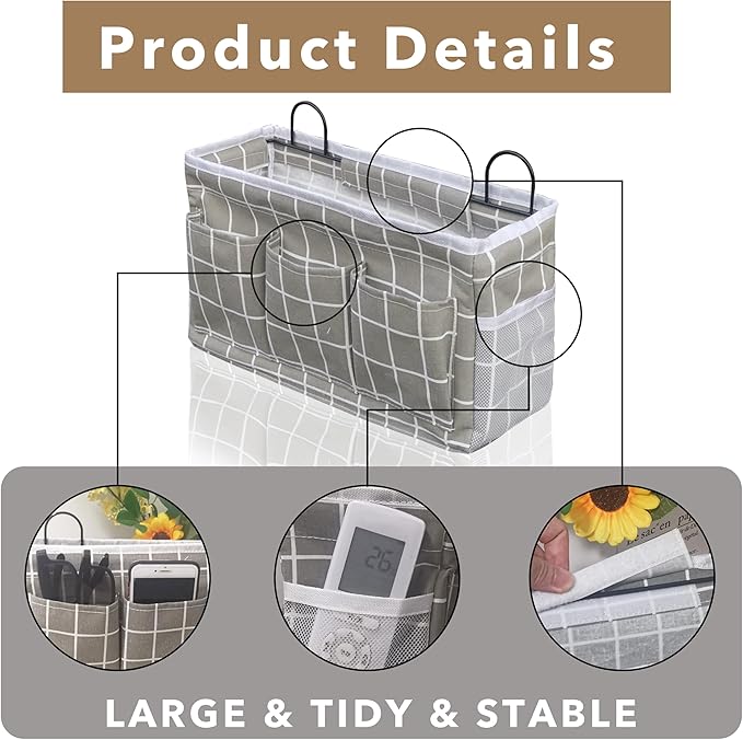 Kanrichu 2pcs Light-Style Wall Hanging Storage Bag, Linen Fabric Door Hanging Organizer Baskets with Pockets, Waterproof Bin for Bedroom, Kitchen, Office, RV Camper (GreyGrid-2pcs)