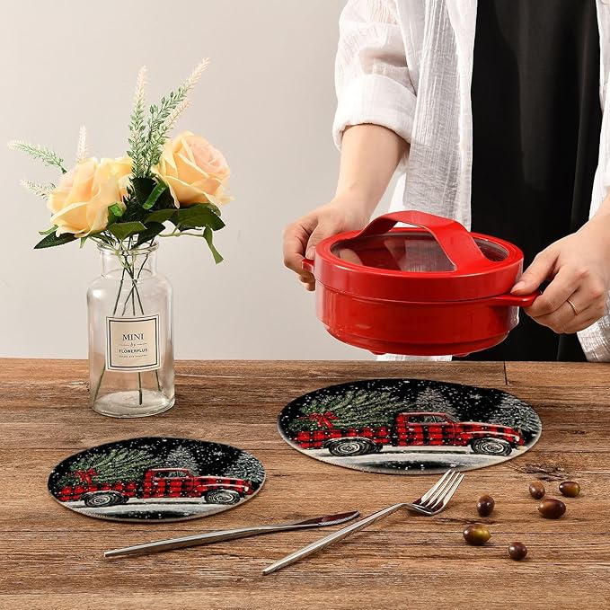 Christmas Tree Truck Trivets for Hot Dishes Pots and Pans Potholders Woven Trivet Cotton Round Large Pot Holder Decor Heat Resistant Hot Pads Mat for Table Counter Cooking Potholder Set of 2