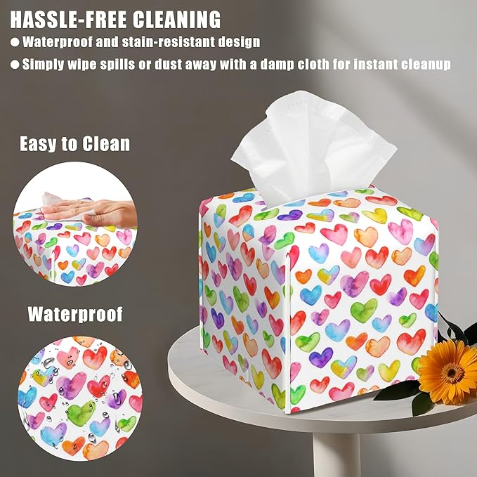 BLYKVGHQ Watercolor Square Tissue Box Cover Colorful Hearts Tissue Box Holder Facial Cube Paper Dispenser Leather Decorative Organizer Home Office Desk Decor, 5.2"x5.2"x5.2"