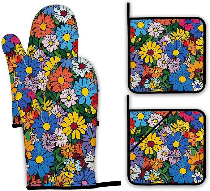 Abstract Hippie Flower Oven Mitts and Pot Holders,Heat Resistant Oven Mitts Gloves and Pot Holder for Home Kitchen Decorations Cooking Baking BBQ Gifts,Set of 4