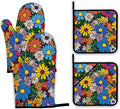 Abstract Hippie Flower Oven Mitts and Pot Holders,Heat Resistant Oven Mitts Gloves and Pot Holder for Home Kitchen Decorations Cooking Baking BBQ Gifts,Set of 4