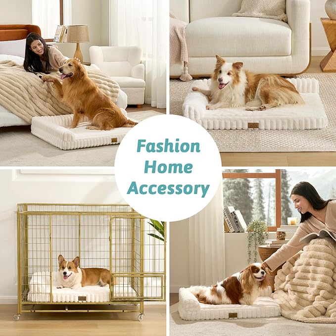 COZY KISS Cute Dog Bed, Faux Rabbit Fur Orthopedic Foam Dog Bed with Sides, Removable Washable Cover & Waterproof Lining, Comfortable Pet Couch for Large Dogs, Cream (44" L x 32" W x 7" Th)