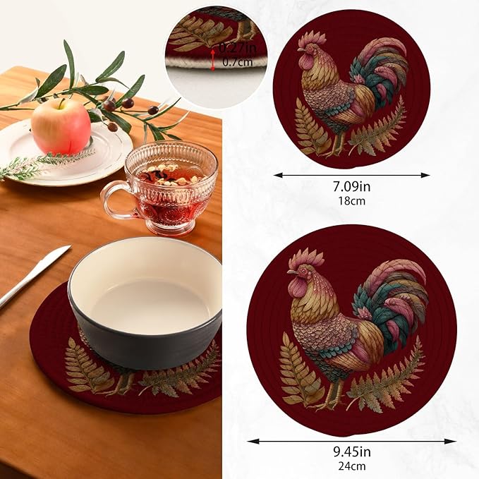 Boccsty Rooster Sunflower Trivet Mat 2PCS Farm Animal Round Woven Potholders Kitchen Table Countertop Protector Hot Pads Farmhouse Coasters Counter Mats?for Cooking Baking