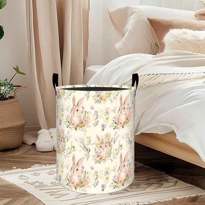ainori Rabbit Floral Laundry Basket, Oxford Cloth Romantic Pastel Dirty Clothes Collapsible Hamper for Room Decor, Bunny and Flower Print Gifts Toy Organizer 19.7*15.8 Inch for Bedroom Bathroom Dorm
