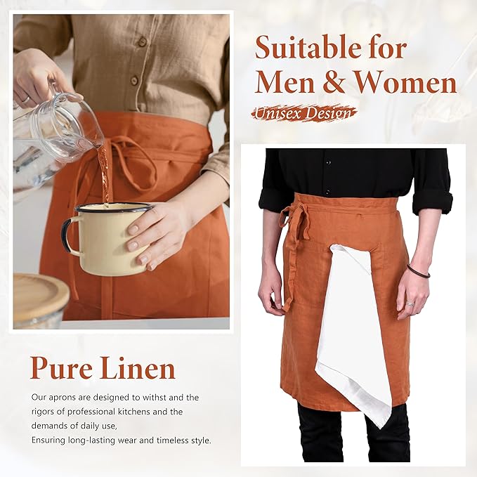 Pure Linen Bistro Half Apron - 25 x 35 Inch Unisex Waist Aprons with Large Pocket Ideal for Kitchen Crafts and More