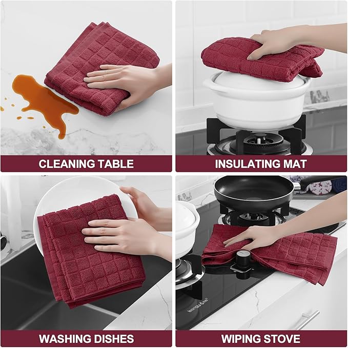 Homaxy Premium Cotton Kitchen Towels 16"x 28", Large Natural Ring Spun 390 GSM Dish Towels, Super Absorbent Terry Kitchen Hand Towels, Soft Tea Towels with Hanging Loop, Pure Red Design,8 Pack