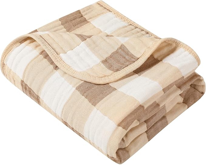 HardNok Ultra Soft Muslin Baby Blanket Made with Organic Cotton - Neutral Earth Tone Checkered Swaddle & Nursery Quilt, 43x43 (Beige-Coffee Checkered)