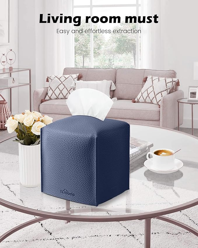 Tclouda Tissue Box Cover for PU Leather, Modern Simple Solid Color Holder Square Tissue Bag, Ideal for Bathrooms,Office,Car,Outdoor Tent,Dining Table,5"X5"X5", Single Navy Blue
