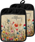 Wildflower Pot Holders with Pockets, Rustic Cottagecore Vintage Floral Botanical Oven Pot Holders Heat Resistant Oven Mitts Hot Pads for Kitchen Baking Cooking