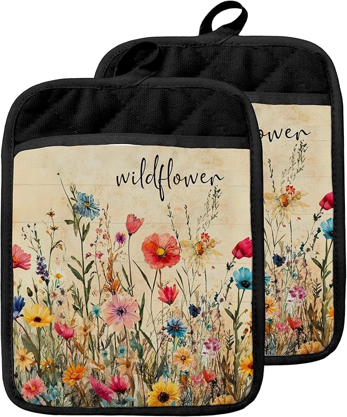 Wildflower Pot Holders with Pockets, Rustic Cottagecore Vintage Floral Botanical Oven Pot Holders Heat Resistant Oven Mitts Hot Pads for Kitchen Baking Cooking