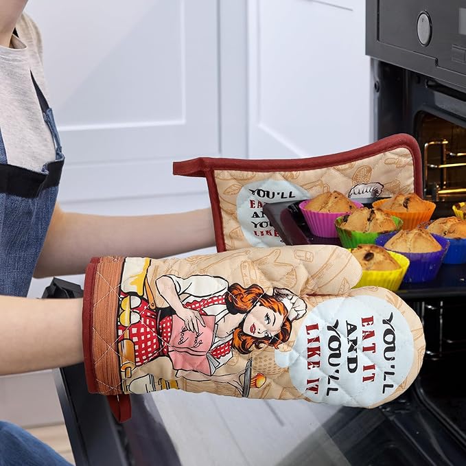 Retro Housewife Oven Mitts and Pot Holders Sets 4Pcs, 100% Cotton Heat Resistant, Extra Long Oven Gloves Potholder for Kitchen Cooking Baking Decoration
