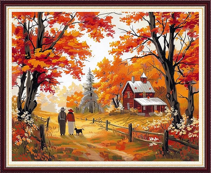 Foxnyart Stamped Cross Stitch Kits Full Range of Embroidery Needlework Starter Kits for Beginners Adults 11CT Embroidery Patterns Art Crafts DIY Needlepoint Kit-Golden Homeland Late Autumn 16x20 inch