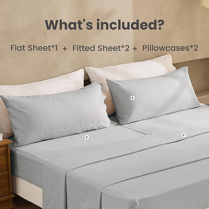 Simple&Opulence Belgian Linen Sheet Set Solid Color - 5 Pieces (1 Flat Sheet, 2 Fitted Sheets & 2 Pillowcases) Natural Flax Cotton Blend Soft Breathable Farmhouse Bedding - Split King Size, Grey