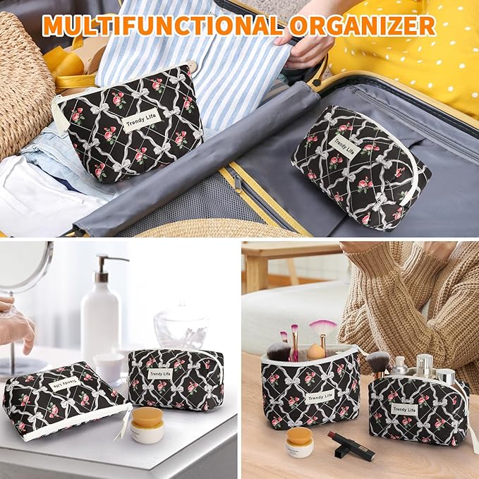 HAOGUAGUA 2 Pieces Makeup Bag, Small Large Quilted Cosmetic Bag, Travel Floral Make Up Toiletry Organizer Bag for Women Girls (2PCS STYLE A-5)