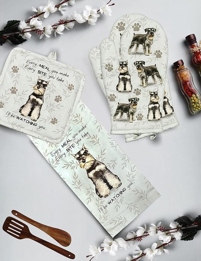 Schnauzer 3-Piece Kitchen Set - Oven Mitt, Pot Holder & Kitchen Towel Set, Heat Resistant up to 420 F, Soft Quilted Cotton for Cooking, Baking, BBQ, Pet Lover Gifts (Schnauzer)