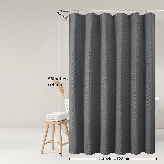 OWENIE Grey Shower Curtain 96 Inch Extra Long, Waffle Weave Textured Fabric Bathroom Curtains, Water Repellent Thick Soft Hotel Spa Luxury Elegant Bath Curtain, Machine Washable, Grey, 72x96 Inch