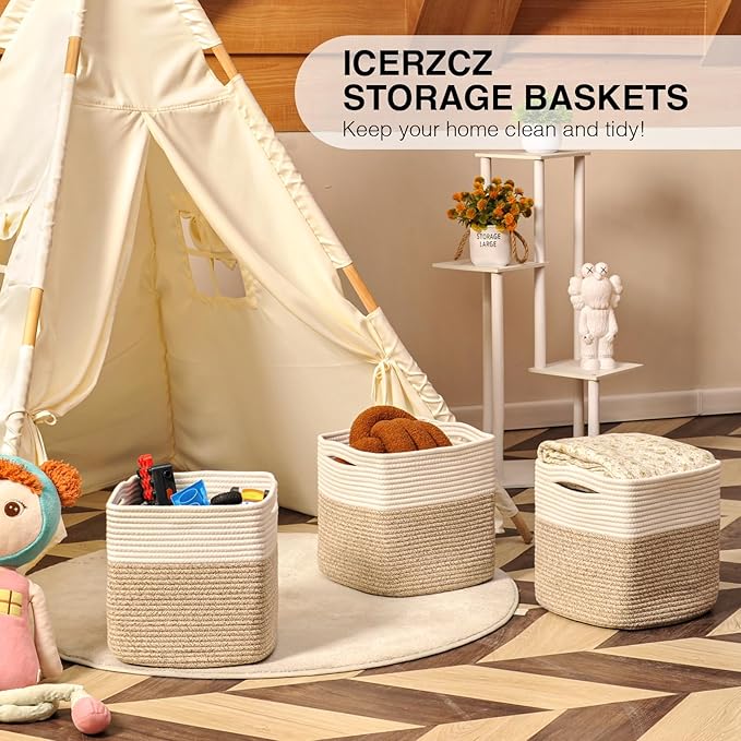 ICERZCZ 11 Inch Cube Storage Bins, Organizer Woven Cotton Rope Square Baskets for Organizing Shelves, Toys, Nursery, Off White & Brown (Pack of 3)