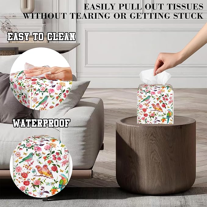 OHEGBXE Tissue Box Holder Spring Flower and Bird Square Leather Tissue Box Cover Modern Cube Facial Paper Cover Case for Bathroom Vanity Countertop Night Stands Tabletop