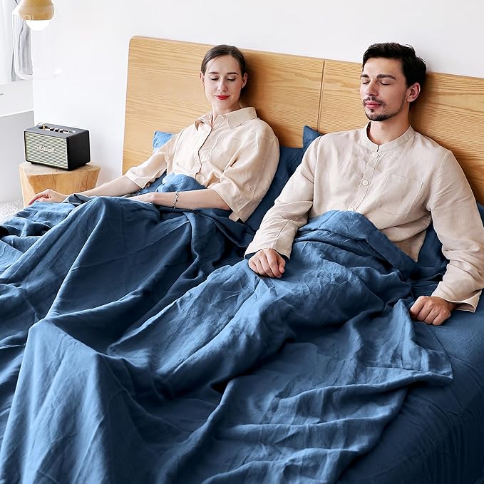 Simple&Opulence Belgian Linen Sheet Set Solid Color - 4 Pieces (1 Flat Sheet, 1 Fitted Sheet & 2 Pillowcases) Natural Flax Cotton Blend Soft Breathable Farmhouse Bedding - King Size, Classic Blue
