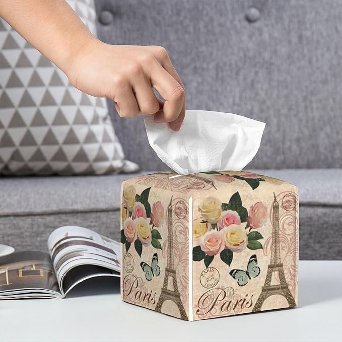 POIUBLE Vintage Paris with Rose Tissue Box Cover Leather Tissue Box Holder Square Facial Paper Organizer Dispenser for Bathroom Kitchen Bedroom Vanity Countertop Night Stands