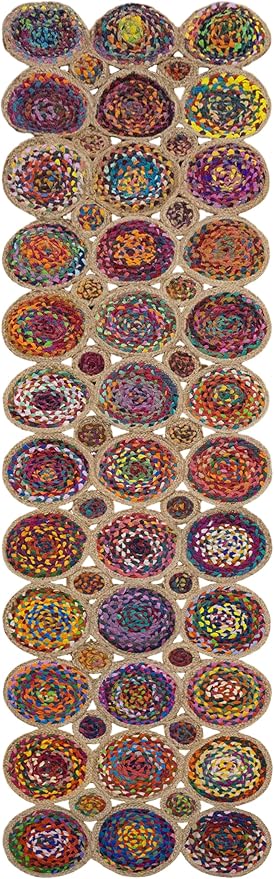2.6x10 Scalloped Kilim Runner Rug Beige Multicolor Hand Braided Chindi Cotton Jute Cape Cod Design 0.27" Thick Flatweave Geometric Boho Indoor Outdoor Carpet for Hallway, Entryway, Corridor