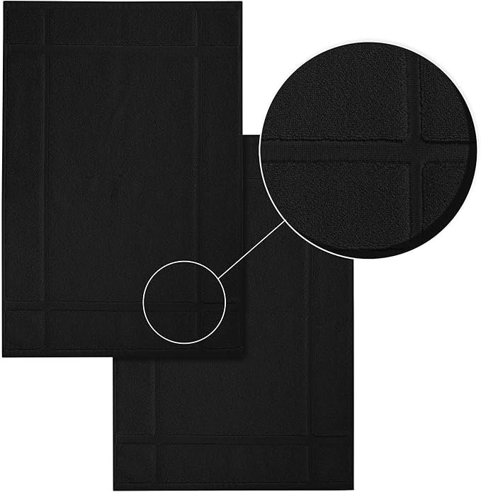 Ample Decor 100% Cotton Bath Mats 24 x 17 Inches, Quick Dry, 1350 GSM Banded Border Shower Bathroom Floor Mat, Not Bathroom Rug - Black, 2 Pack
