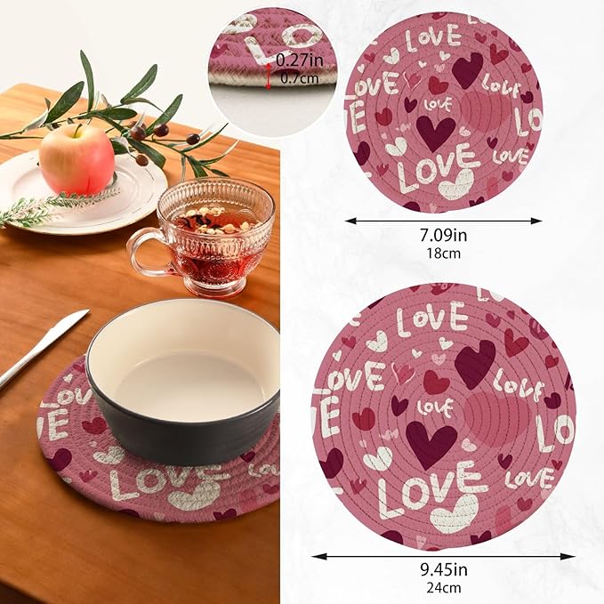 Valentine's Day Hearts Love Trivet Mat 2PCS Round Woven Potholders Kitchen Table Countertop Protector Hot Pads Farmhouse Coasters Counter Mats for Cooking Baking