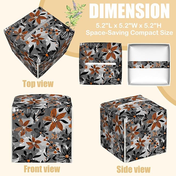 Dark Style Leather Tissue Box Holder Striped Flowers Branches Tissue Box Cover Facial Paper Case Organizer Cube Napkin Dispenser for Bathroom Vanity Countertop Night Stand Office Car