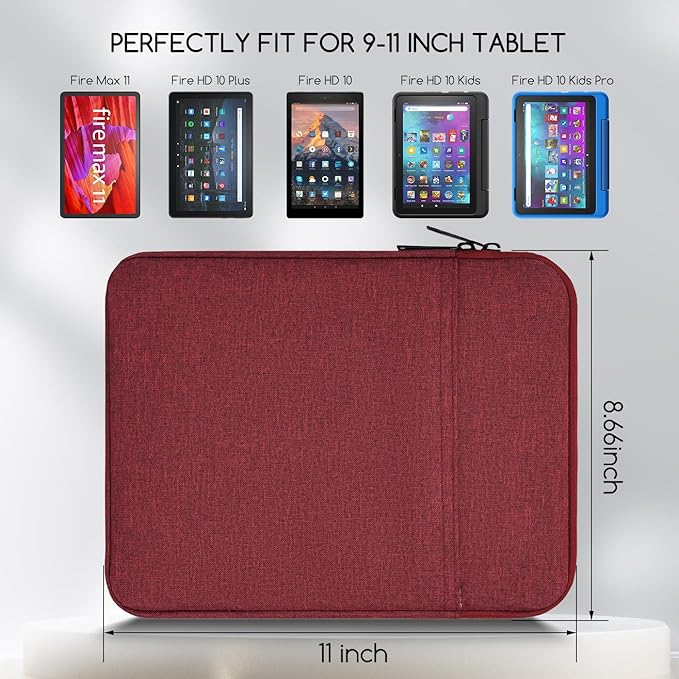 9.7-11" Tablet Sleeve Bag for 2023 11" Amazon Fire Max 11 & 10.1" Fire HD 10 Plus & Fire HD 10 Kids Pro, 11" iPad 11th/Air M3 M2 & Pro M5 M4 4 3 2 & Samsung Galaxy Tab S9 S9 FE S8 S7 A8 Case(Wine Red)