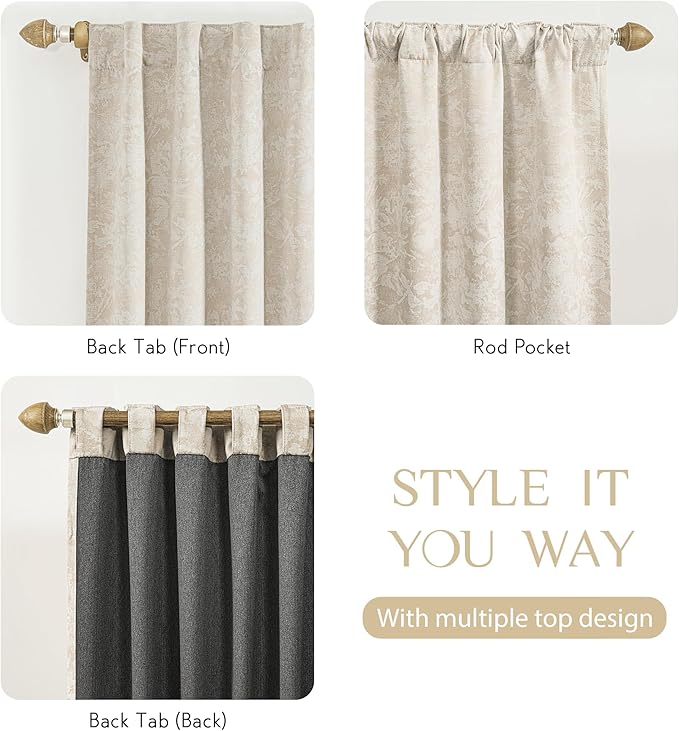 Beauoop Beige Floral Jacquard Blackout Curtains 84 Inches Long 2 Panels for Bedroom Living Room Chenille Flower Room Darkening Thermal Insulated Soundproof Rod Pocket Back Tab Window Drapes, 52x84