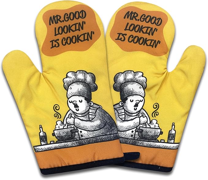 2 Pack Funny Oven Mitts for Men, Mr Good Lookin' is Cookin', Heat Resistant Silicone Non-Slip Mitts, Christmas Birthday Gifts for Dad Husband, Humor Grilling Cooking Gifts for Chef Friend