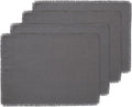 Solino Home Linen Fringe Cloth Placemats Set of 4-100% Pure Linen Charcoal Placemats 14 x 19 Inch for Winter, Spring - Handcrafted and Machine Washable