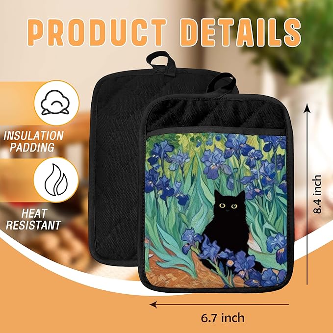 Irises Floral Black Cat Pot Holders with Pockets, Cat Kitchen Decor, Whimsical Flower Field Black Kitten Oven Pot Holders Heat Resistant Oven Mitts Hot Pads for Kitchen Baking Cooking
