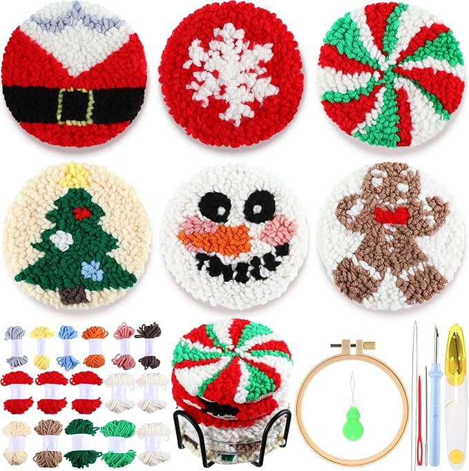 Yaomiao 6 Pcs Christmas Punch Needle Coaster Kit Embroidery Kits Punch Needle Set Craft Supplies with Patterns Yarns Tools Adhesive Felt Embroidery Hoop Instruction Holder for Adult DIY