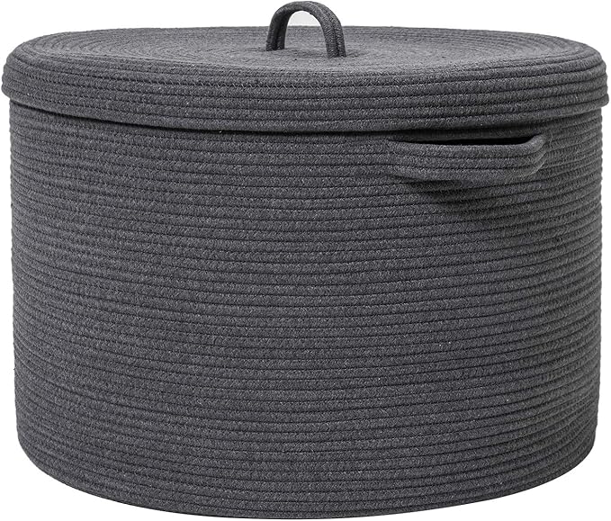 Cottonphant 20" x 20" x 15" Extra Large Storage Basket with Lid, Cotton Rope Storage Baskets, Laundry Hamper, Cloth Bin, for Clothes Towels Blankets Pillows Storage in Living Room, All Dark Grey