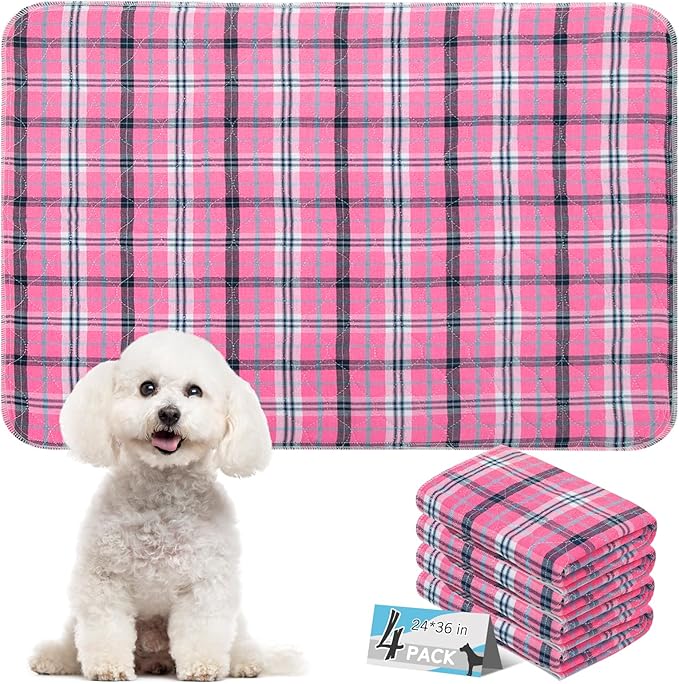 ESGPET Washable Pee Pads for Dogs - 24”x36” 4PCS, Whelping Pad for Puppy Training, Playpen Crate Bed Floor Protector, Reusable Dog Potty Pads Non-Slip, Super Absorbent & Odor Controlling, Pink Plaid