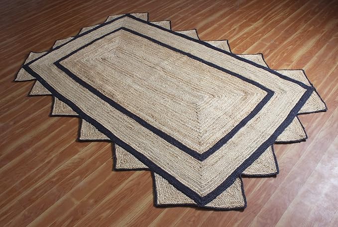 Scalloped Edge Rug, Hand Woven Natural Jute Area Rug, 12x12 Ft Square Beige & Black Braided Kilim Rugs for Living Room, Kitchen, Entryway, Farmhouse