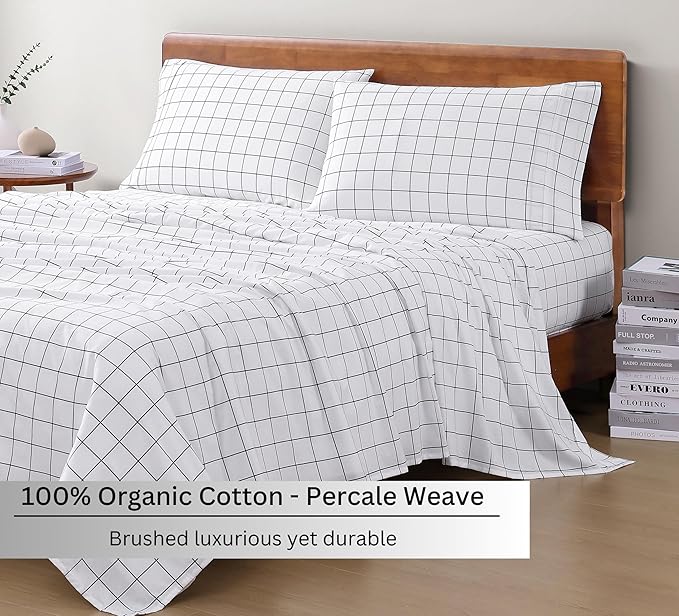LANE LINEN 100% Organic Cotton Twin XL Bed Sheets, Sustainably Produced Okeo Tex Certified Cotton Sheets, Luxury Hotel Percale Soft & Comfy Comes in Variety of Prints & Colors - Windowpane