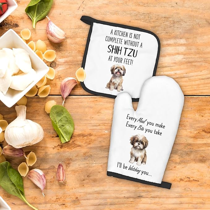 Shih Tzu Gifts Dog Oven Mitts and Pot Holders Sets, Shih Tzu Gifts for Women, Dog Kitchen Accessories Sets, Complete Without a Shih Tzu Dog Heat Resistant Oven Glove Potholders for Kitchen